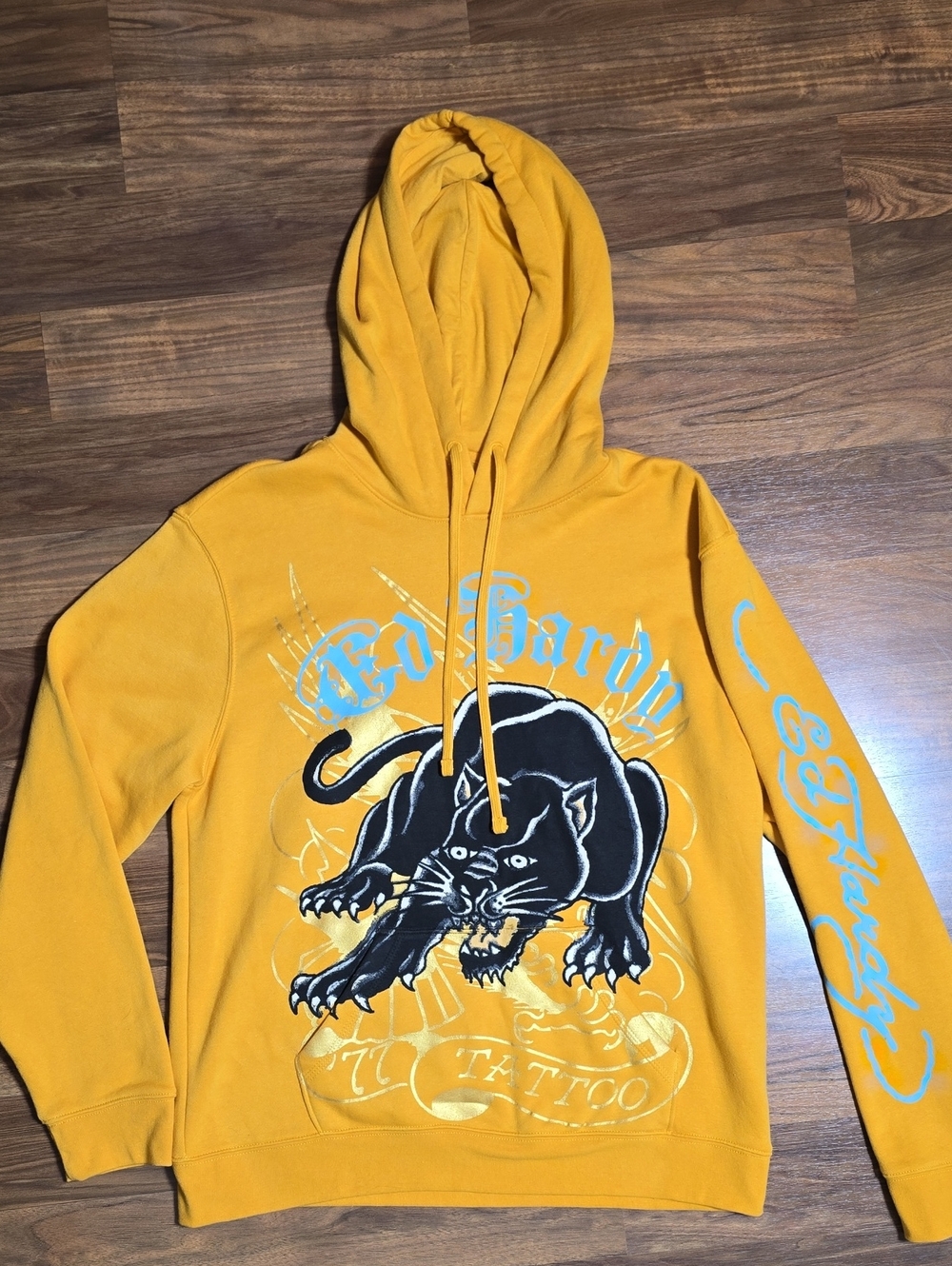 Ed Hardy Yellow Pullover with Black Panther Graphic and Light Blue Logo